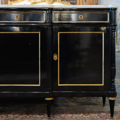 Louis XVI Black Lacquer Sideboard – Gold Inaly & White Marble Top