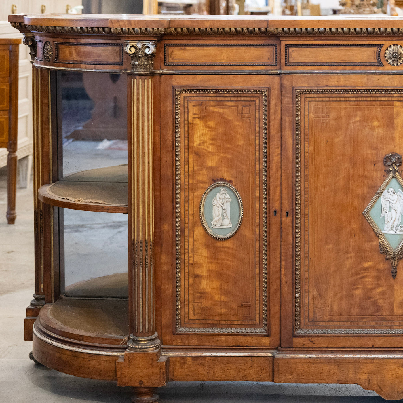 French Empire Demilune Sideboard – Neoclassical Medallions & Curved Mirror Shelves