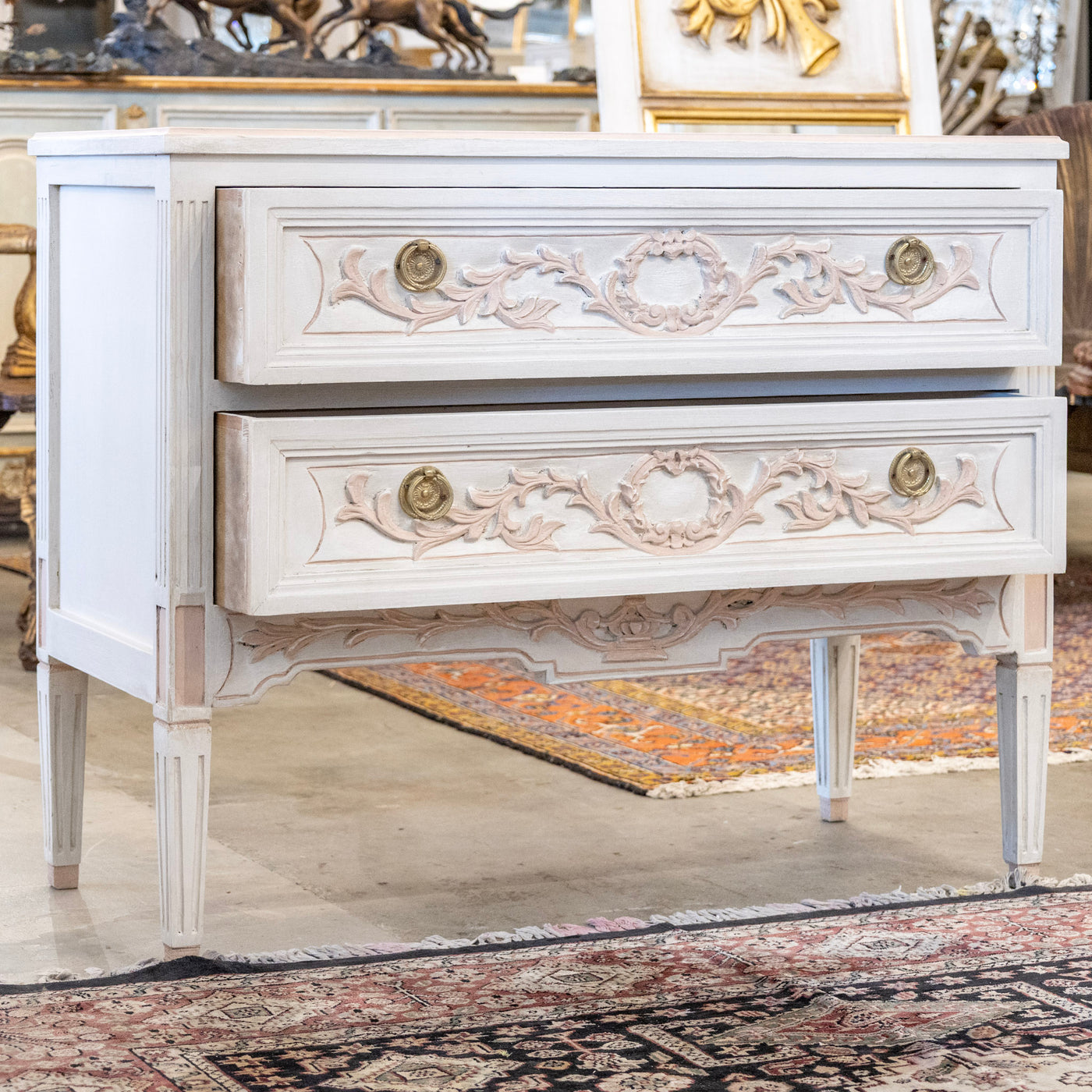 Swedish 2-Drawer Chest in Antique White – Pink Carved Floral Motifs