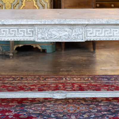 Grand European Neoclassical Hand-Carved Dining Table – Grey & White Faux Marble Finish