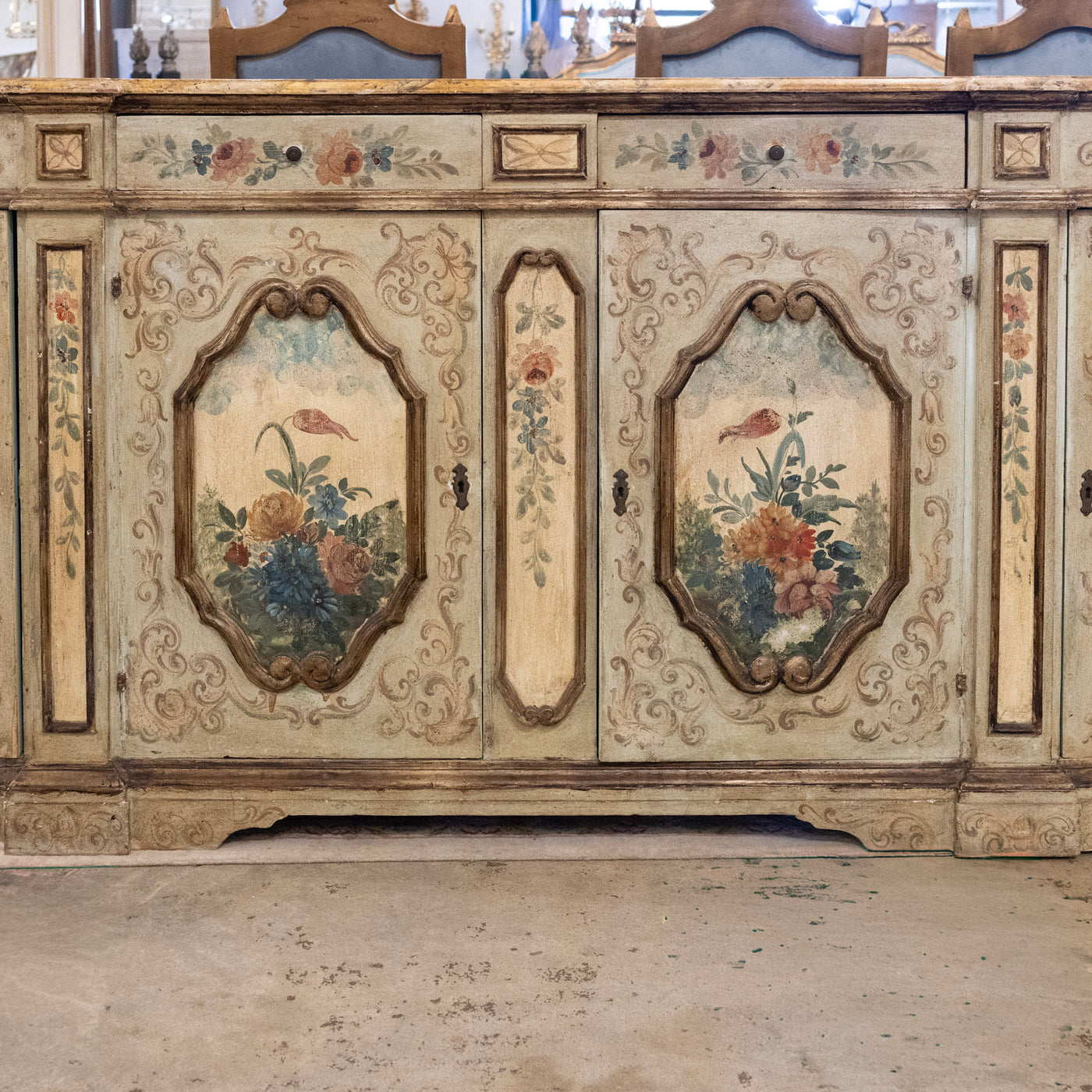 Italian Hand-Painted Soft Green Floral Sideboard