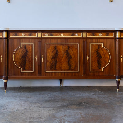 Louis XVI Burl Wood Demilune Sideboard – Gilded Bronze Accents & White Marble Top