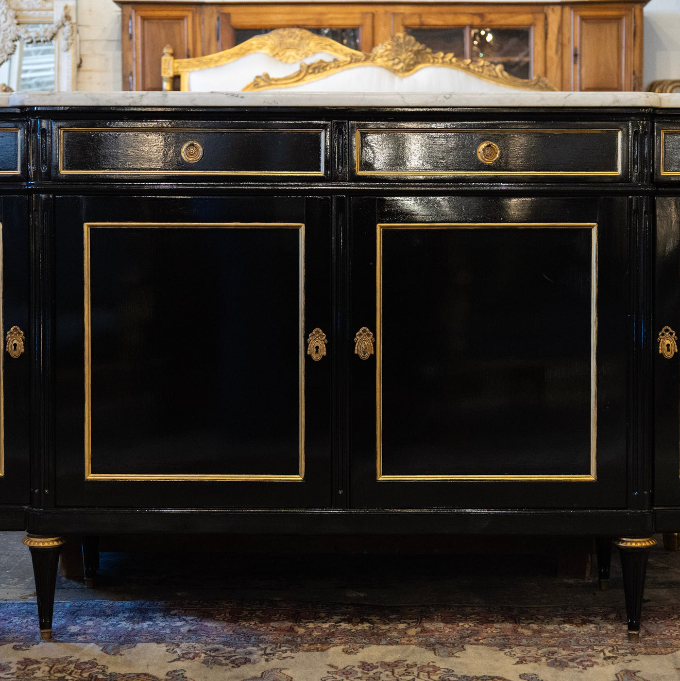 Louis XVI Black Lacquer Sideboard – Gold Inaly & White Marble Top