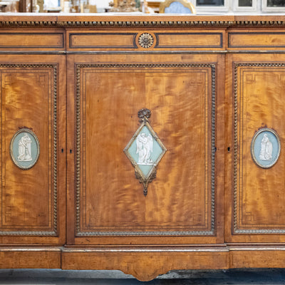 French Empire Demilune Sideboard – Neoclassical Medallions & Curved Mirror Shelves