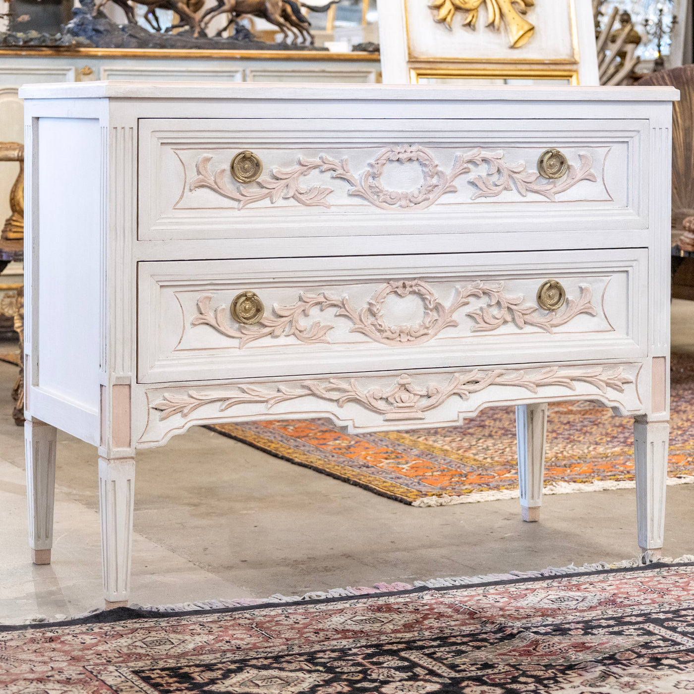 Swedish 2-Drawer Chest in Antique White – Pink Carved Floral Motifs