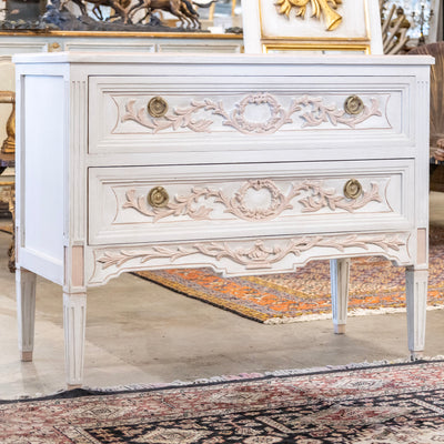 Swedish 2-Drawer Chest in Antique White – Pink Carved Floral Motifs