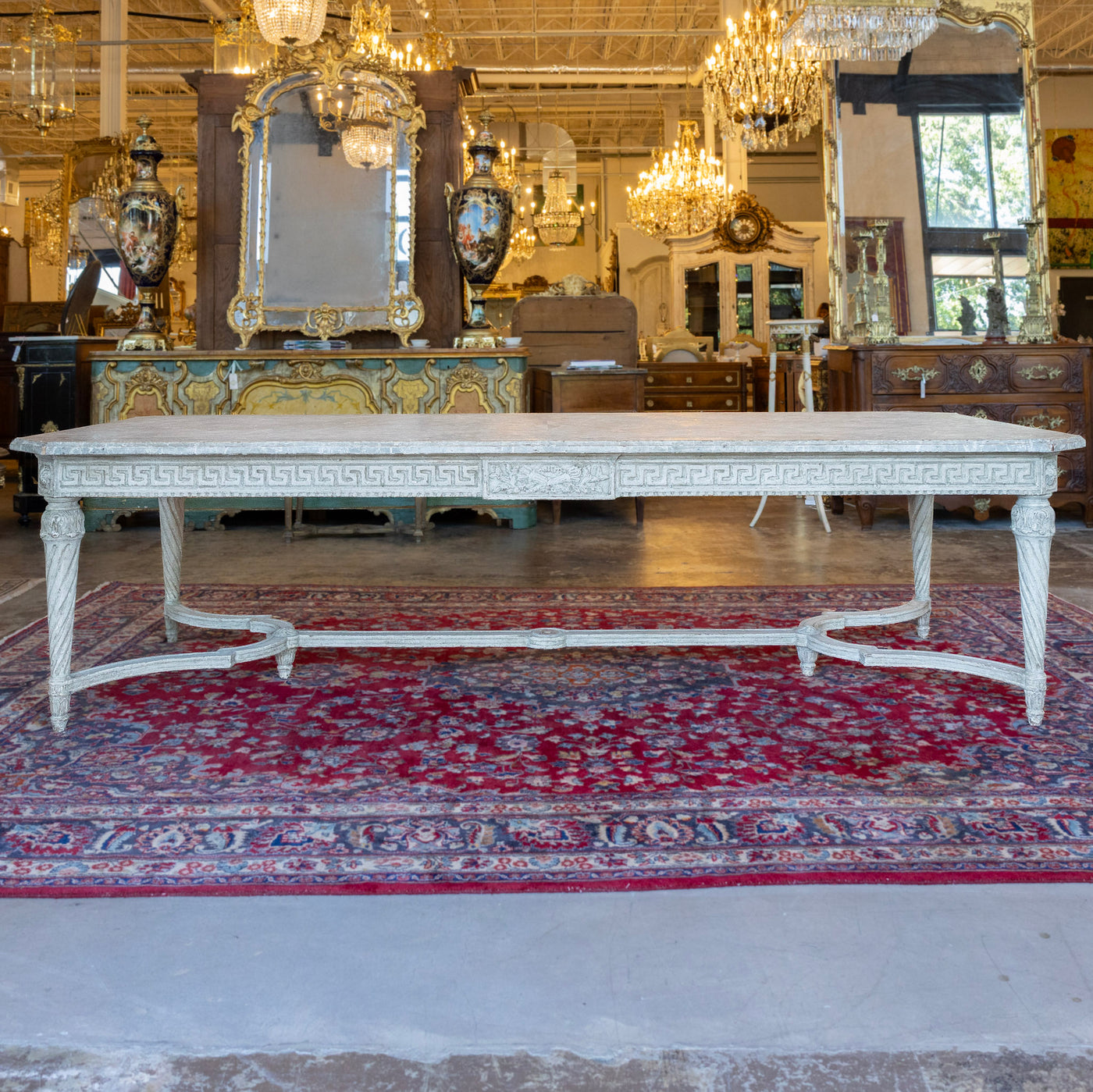 Grand European Neoclassical Hand-Carved Dining Table – Grey & White Faux Marble Finish