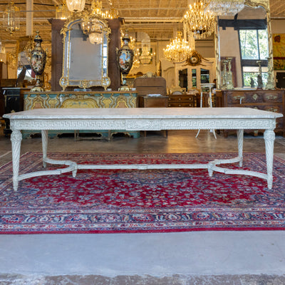 Grand European Neoclassical Hand-Carved Dining Table – Grey & White Faux Marble Finish