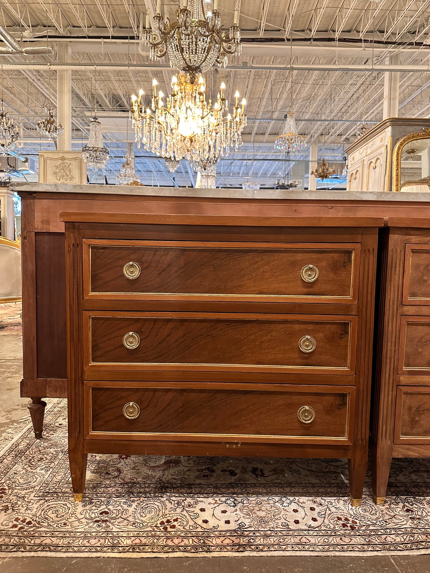 Antique Burl Wood Nightstand with Brass Hardware | Le Chateau | European Luxury Furniture in Atlanta