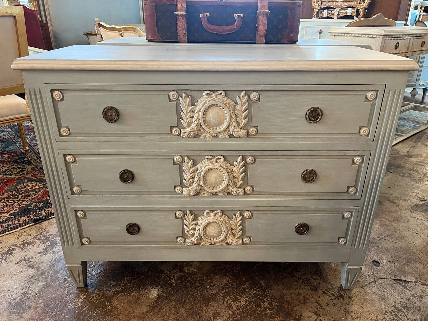 French Blue Swedish Chest with Wood Wreath Carving