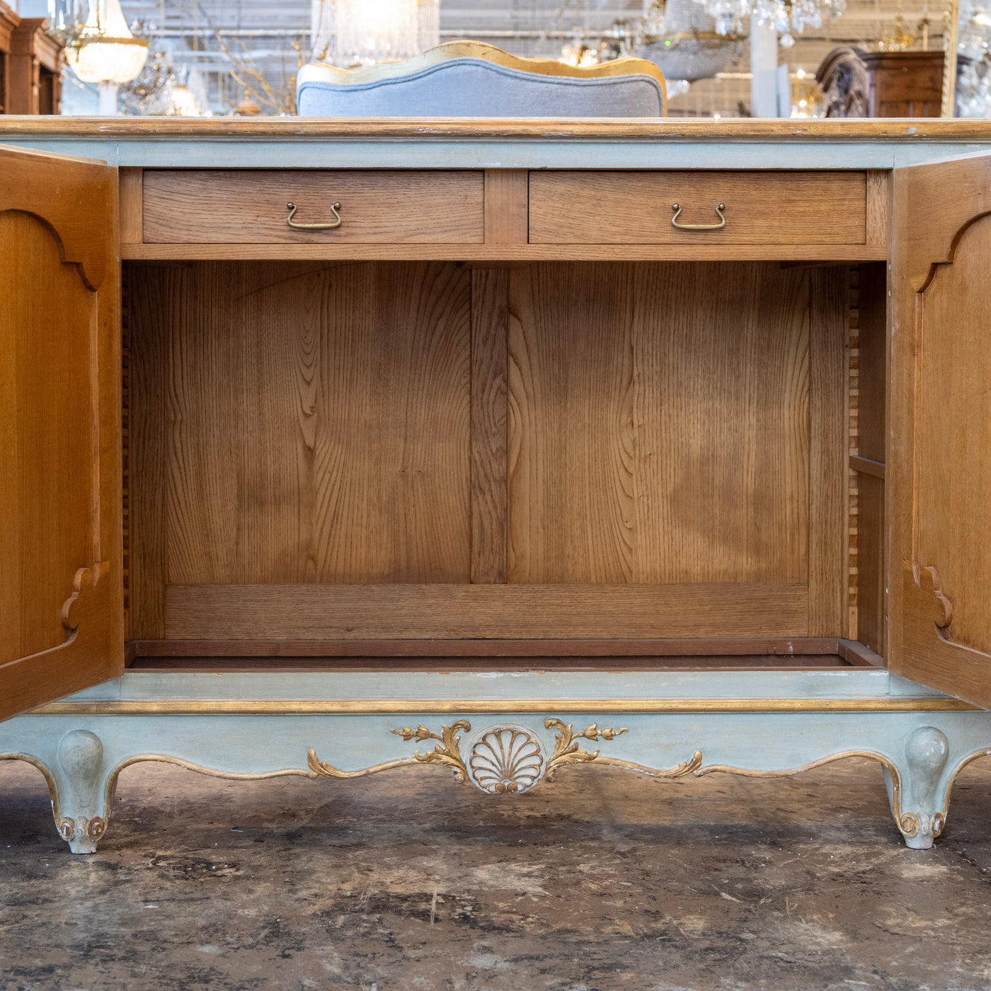 Louis XV Hand-Painted Sideboard – Distressed Finish Blue-Green & Gold Trim