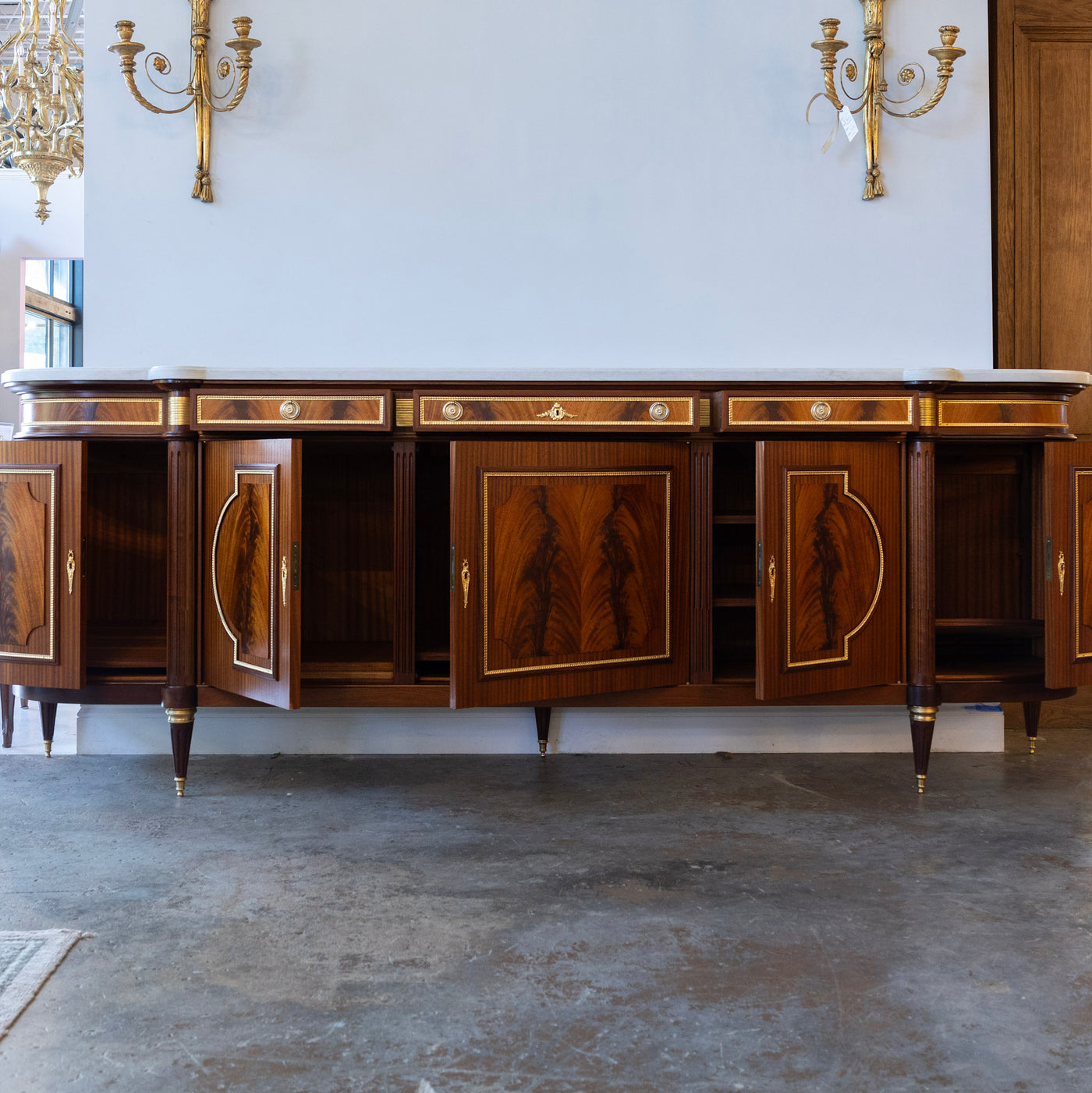 Louis XVI Burl Wood Demilune Sideboard – Gilded Bronze Accents & White Marble Top
