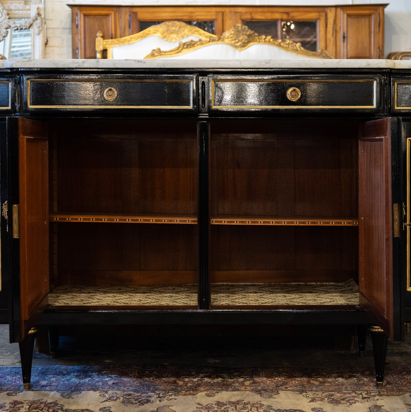 Louis XVI Black Lacquer Sideboard – Gold Inaly & White Marble Top