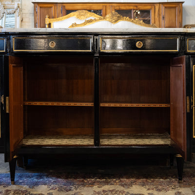 Louis XVI Black Lacquer Sideboard – Gold Inaly & White Marble Top
