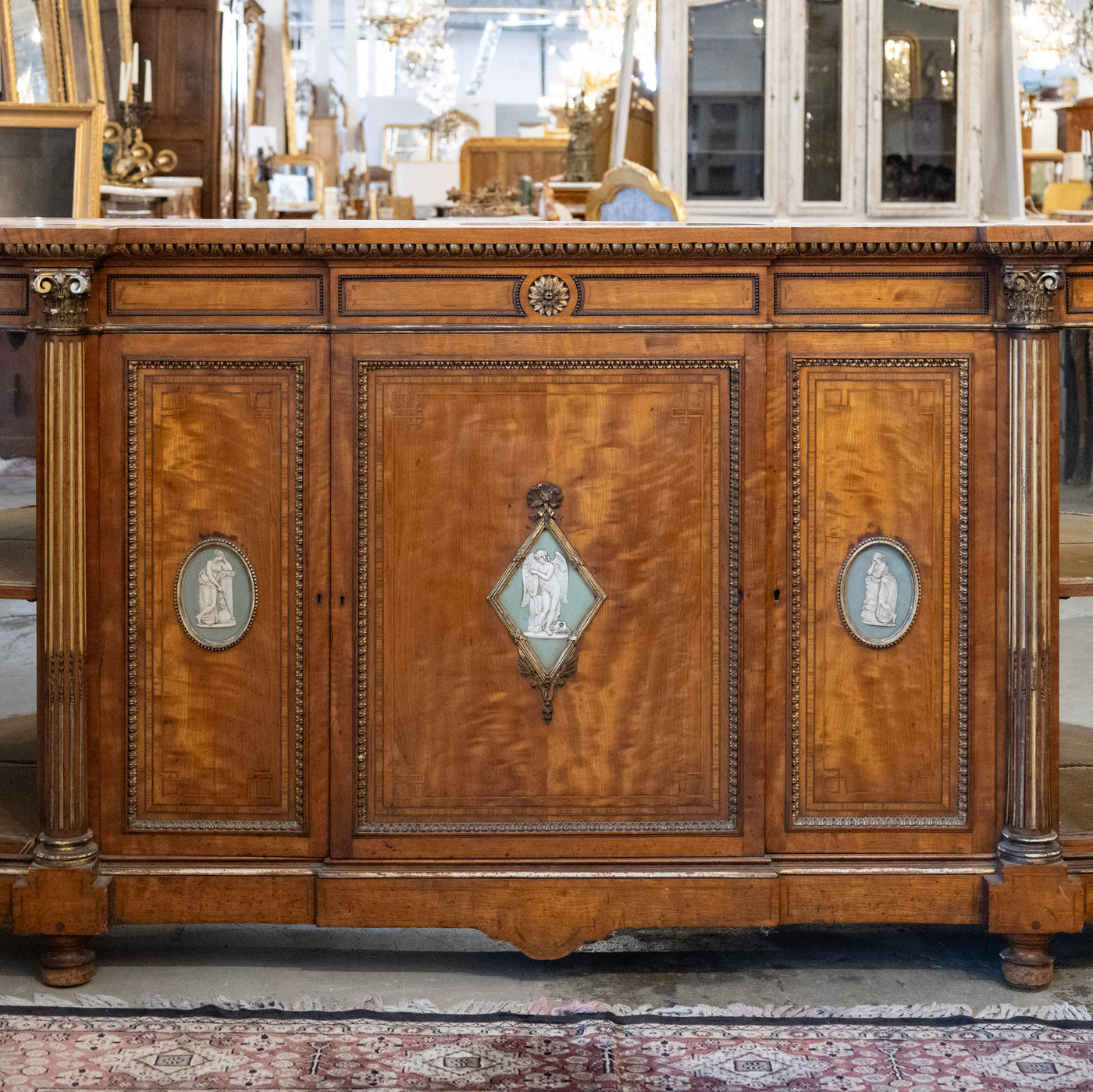 French Empire Demilune Sideboard – Neoclassical Medallions & Curved Mirror Shelves