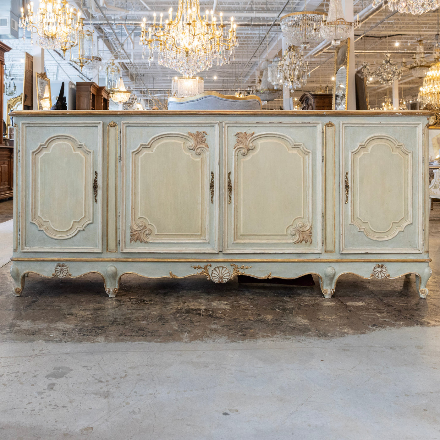 Louis XV Hand-Painted Sideboard – Distressed Finish Blue-Green & Gold Trim
