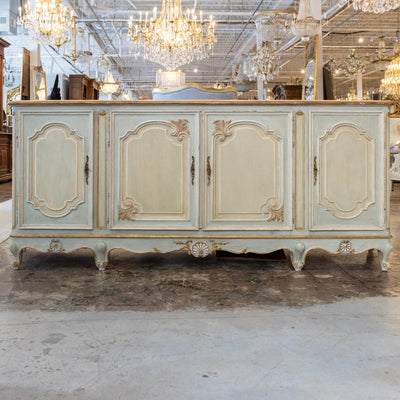 Louis XV Hand-Painted Sideboard – Distressed Finish Blue-Green & Gold Trim