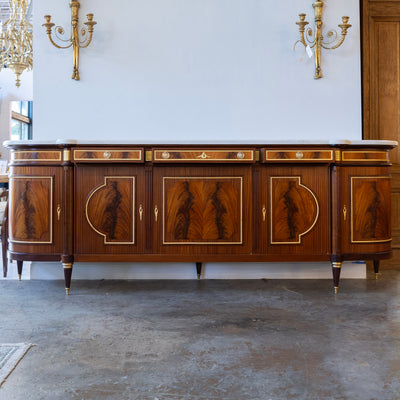 Louis XVI Burl Wood Demilune Sideboard – Gilded Bronze Accents & White Marble Top