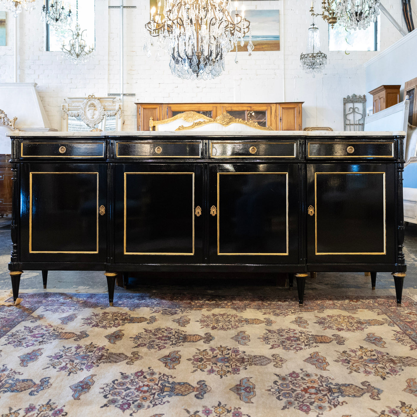 Louis XVI Black Lacquer Sideboard – Gold Inaly & White Marble Top