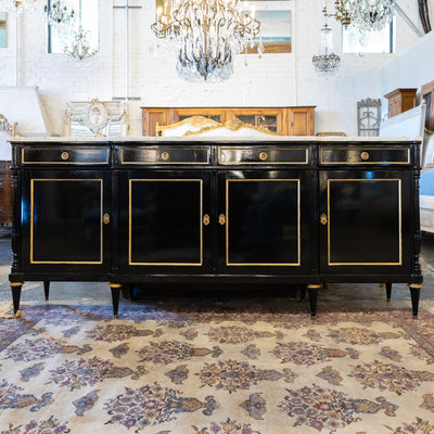 Louis XVI Black Lacquer Sideboard – Gold Inaly & White Marble Top