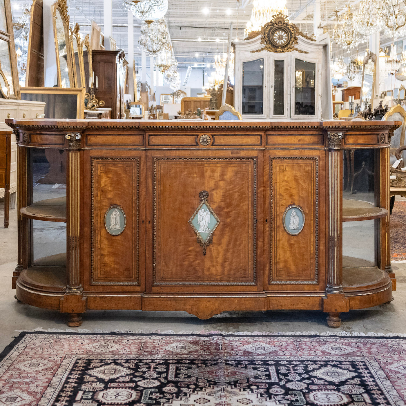 French Empire Demilune Sideboard – Neoclassical Medallions & Curved Mirror Shelves