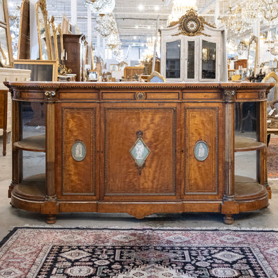 French Empire Demilune Sideboard – Neoclassical Medallions & Curved Mirror Shelves