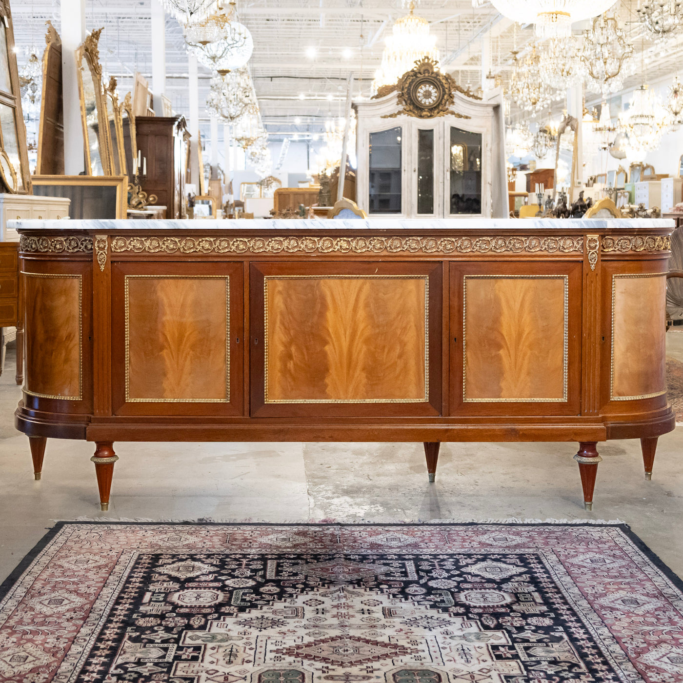 Louis XVI Mahogany Demilune Sideboard – Bronze Laurel Trim & White Marble Top