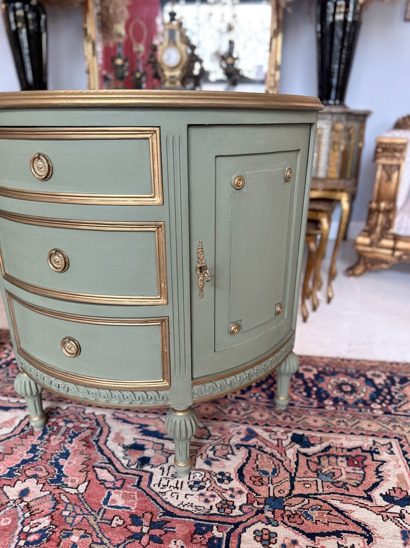 Swedish Green Demilune Chest with Gold Accent | Le Chateau | European Luxury Furniture in Atlanta