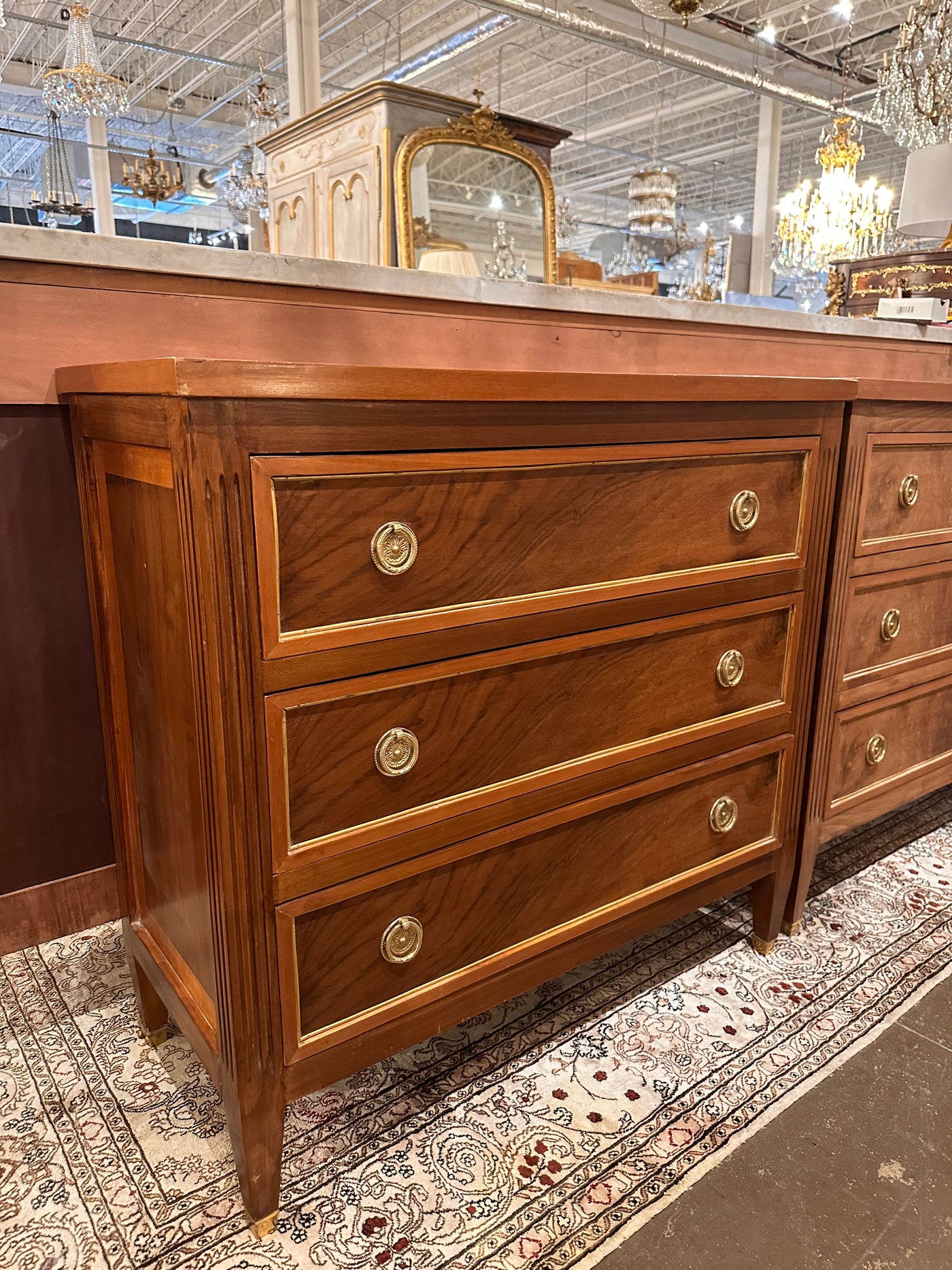 Antique Burl Wood Nightstand with Brass Hardware | Le Chateau | European Luxury Furniture in Atlanta