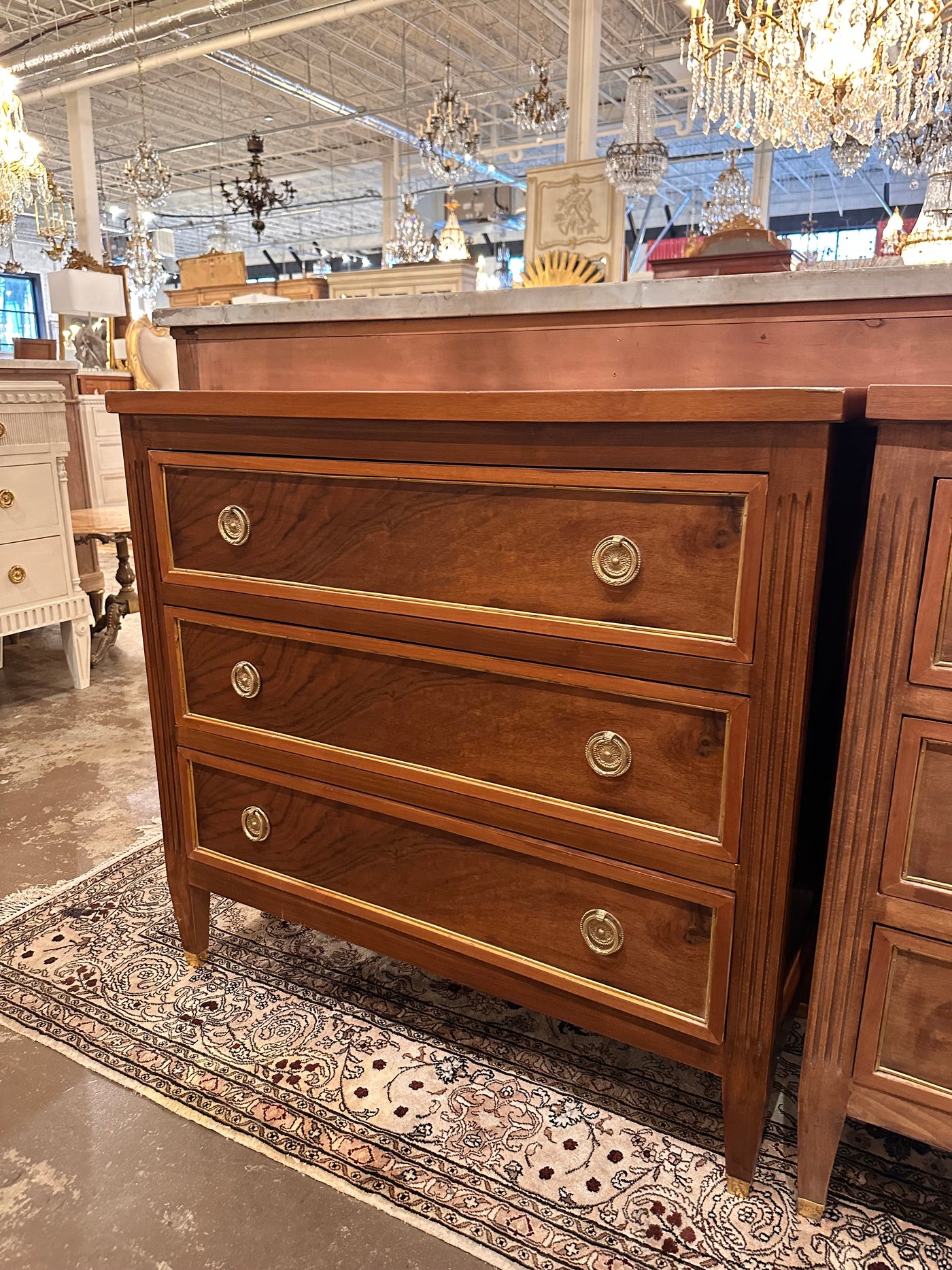 Antique Burl Wood Nightstand with Brass Hardware | Le Chateau | European Luxury Furniture in Atlanta