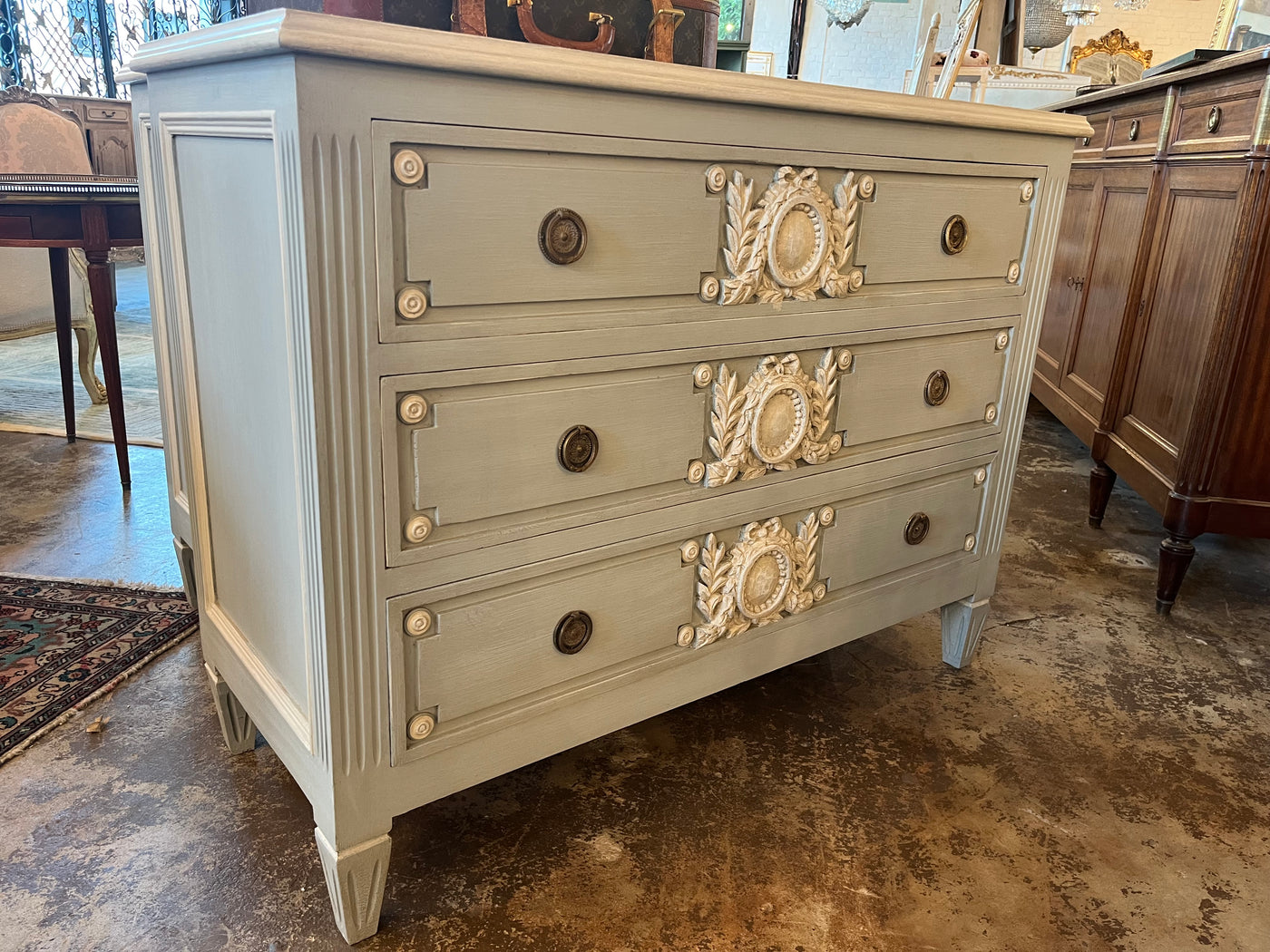 French Blue Swedish Chest with Wood Wreath Carving