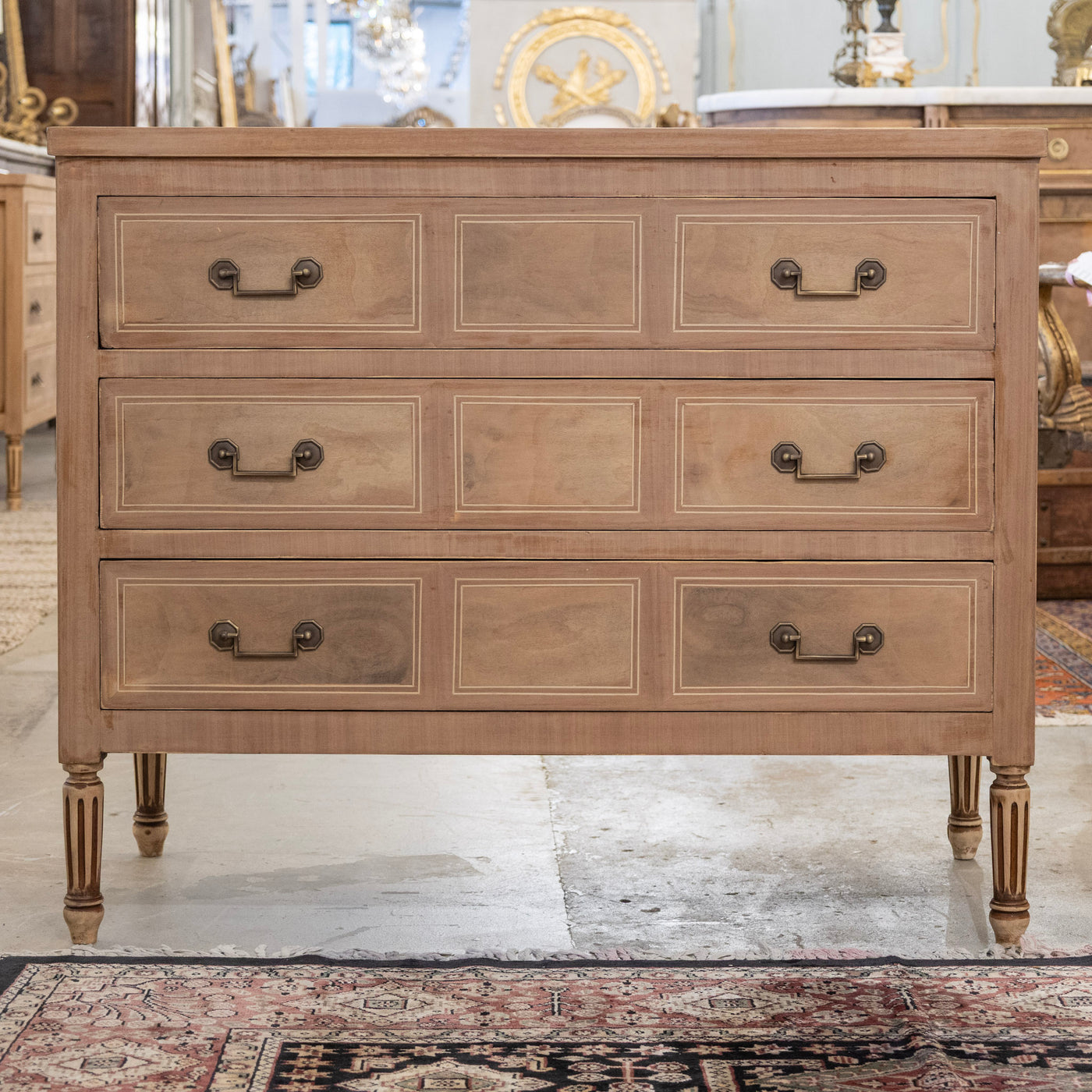 Louis XVI Stripped Burl Wood 3-Drawer Chest - Square Brass Handle