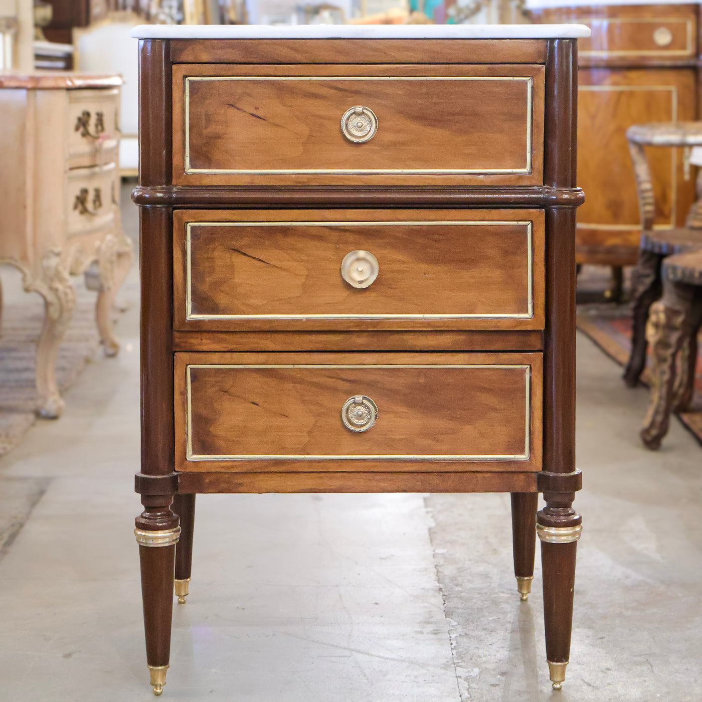 Louis XVI Burl Wood Square Nightstand –Rounded Marble Top & Brass Pulls