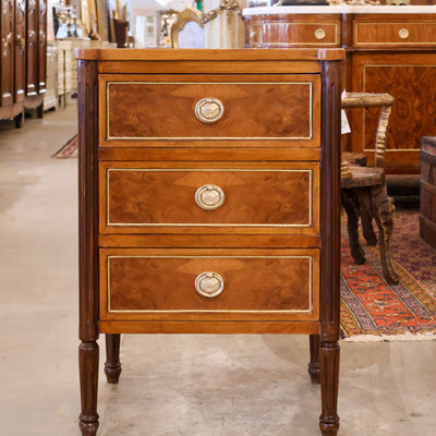 Louis XVI Burl Wood Nightstand with Rounded Wood Top & Large Brass Pulls