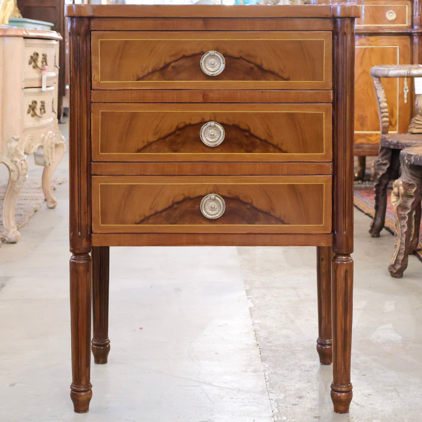 Louis XVI Tall Rounded Corner Burl Wood Nightstand