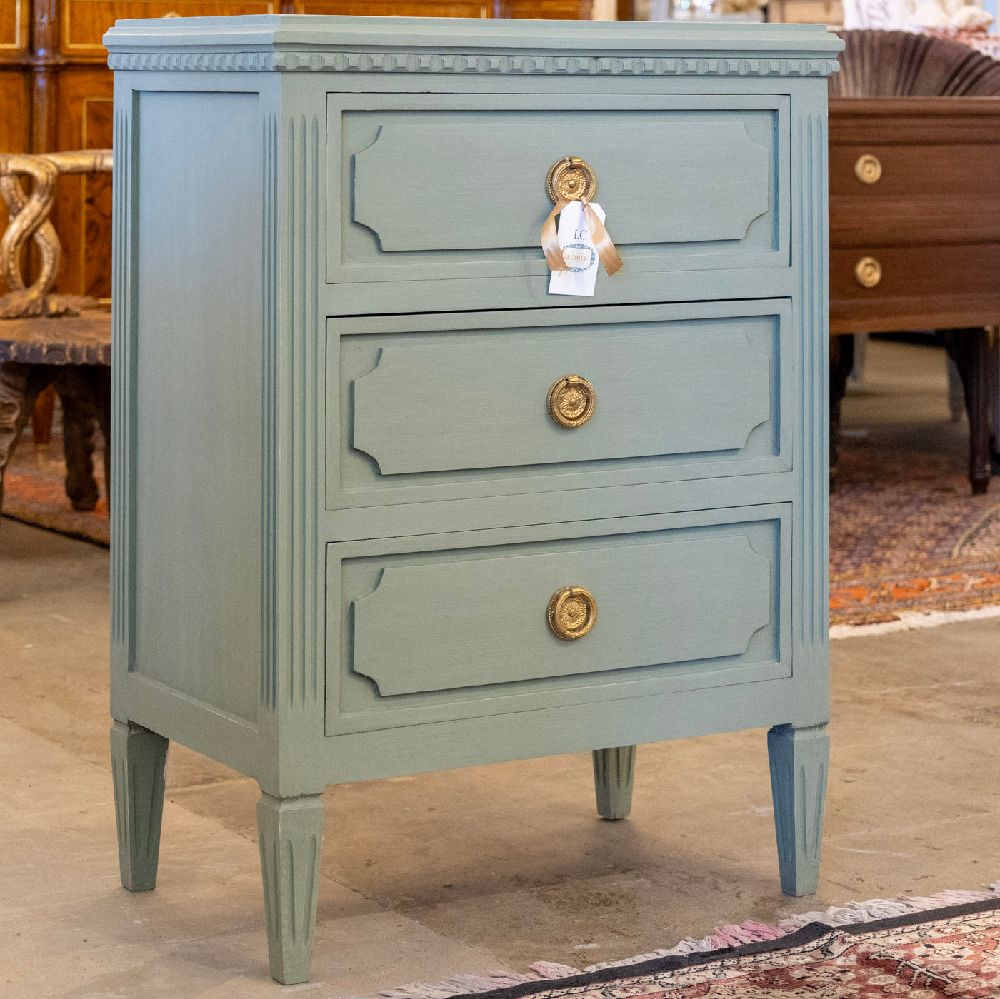 Swedish 3-Drawer Nightstand– Round Brass Pulls & Tapered Legs in Green