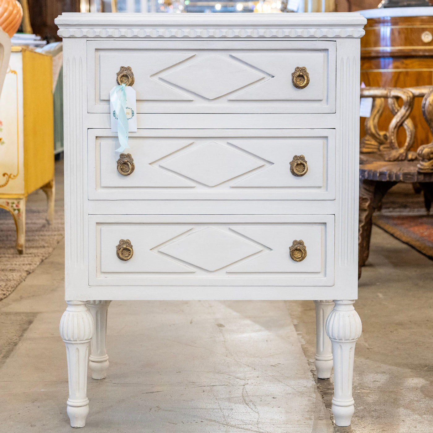 Swedish 3-Drawer Nightstand – Diamond Trim & Fluted Ballerina Legs in White