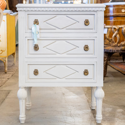 Swedish 3-Drawer Nightstand – Diamond Trim & Fluted Ballerina Legs in White