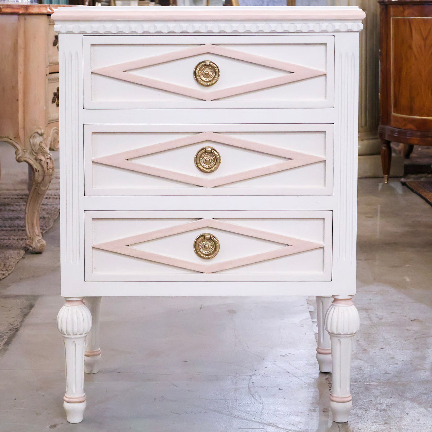 Swedish 3-Drawer Nightstand – Pink Diamond Trim & Ballerina Legs