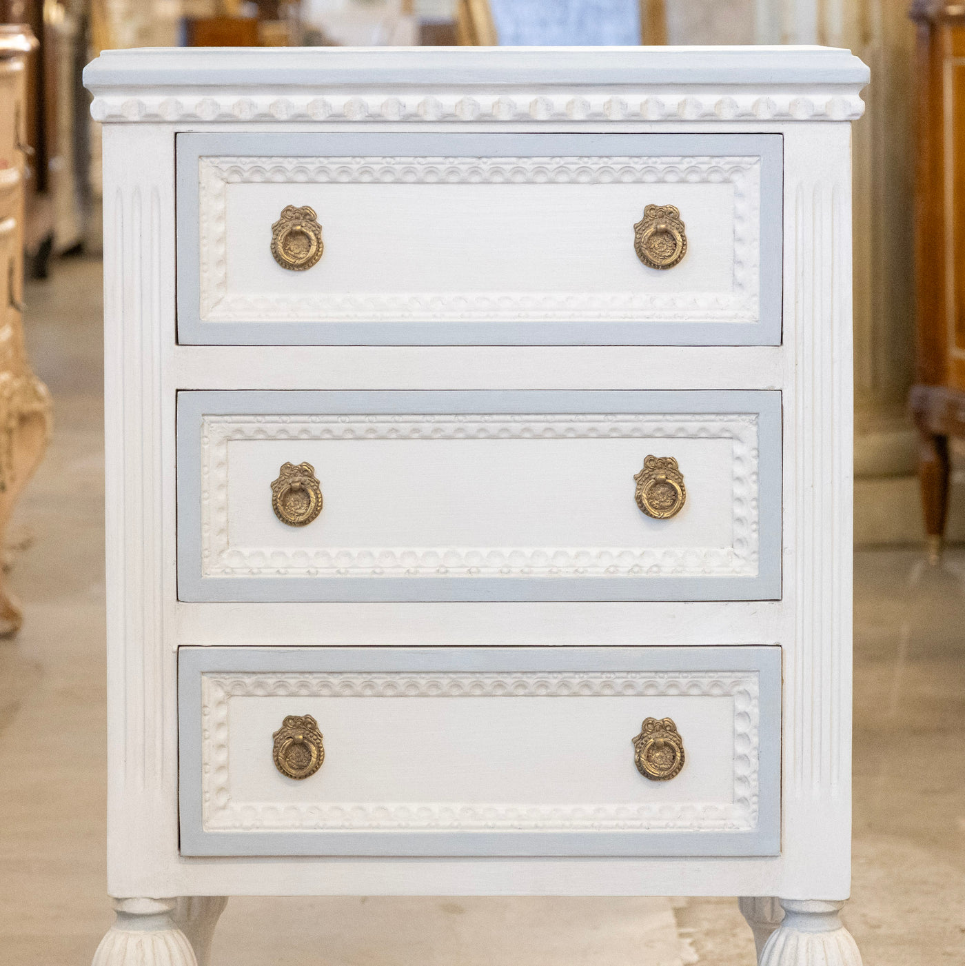 Swedish 3-Drawer Nightstand – Blue Beaded Trim & Ballerina Legs