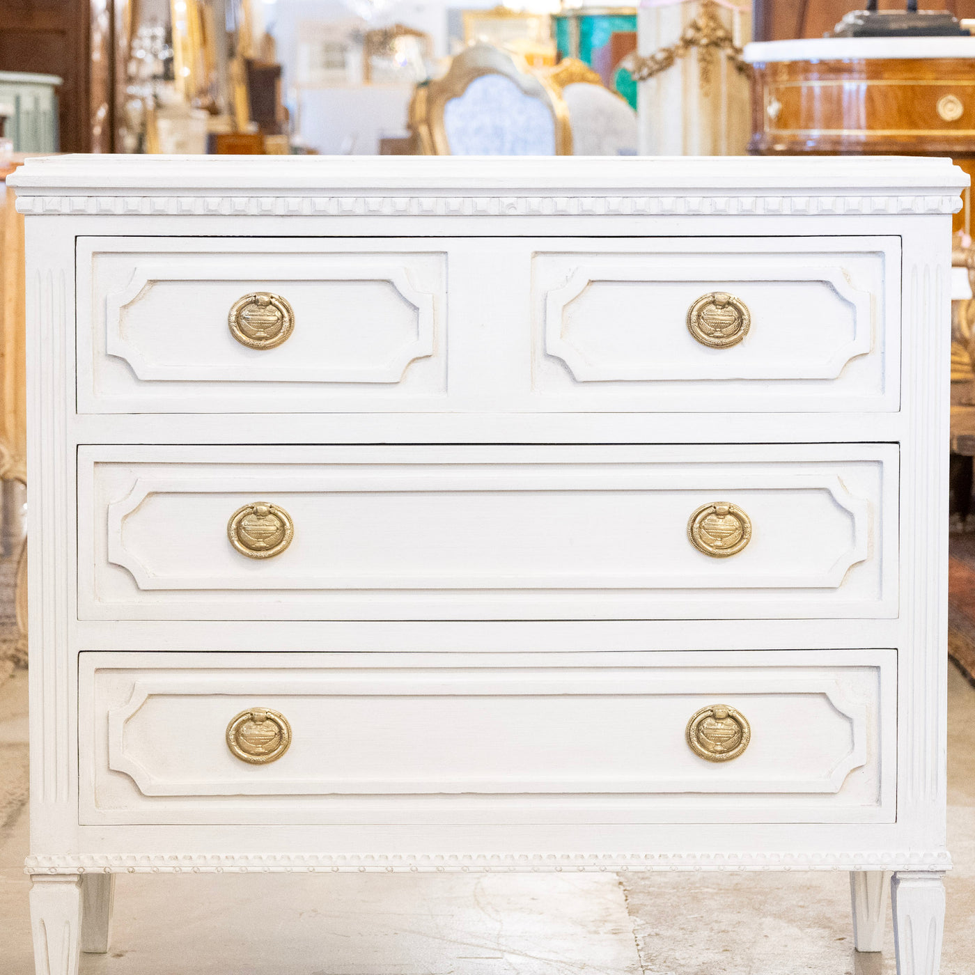 Swedish 4-Drawer Chest – Carved Open Trim & Large Brass Ring Pulls