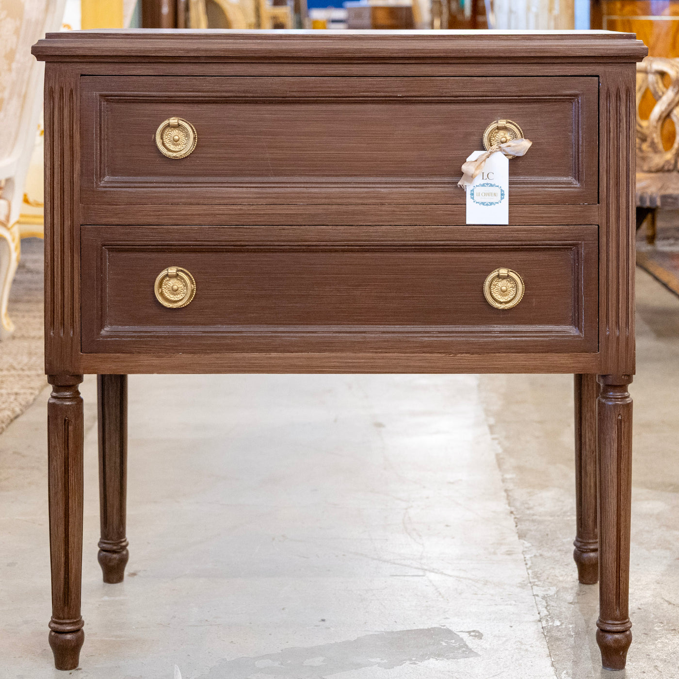 Swedish 2-Drawer Nightstand –  Brass Pulls & Tall Fluted Legs in Brown