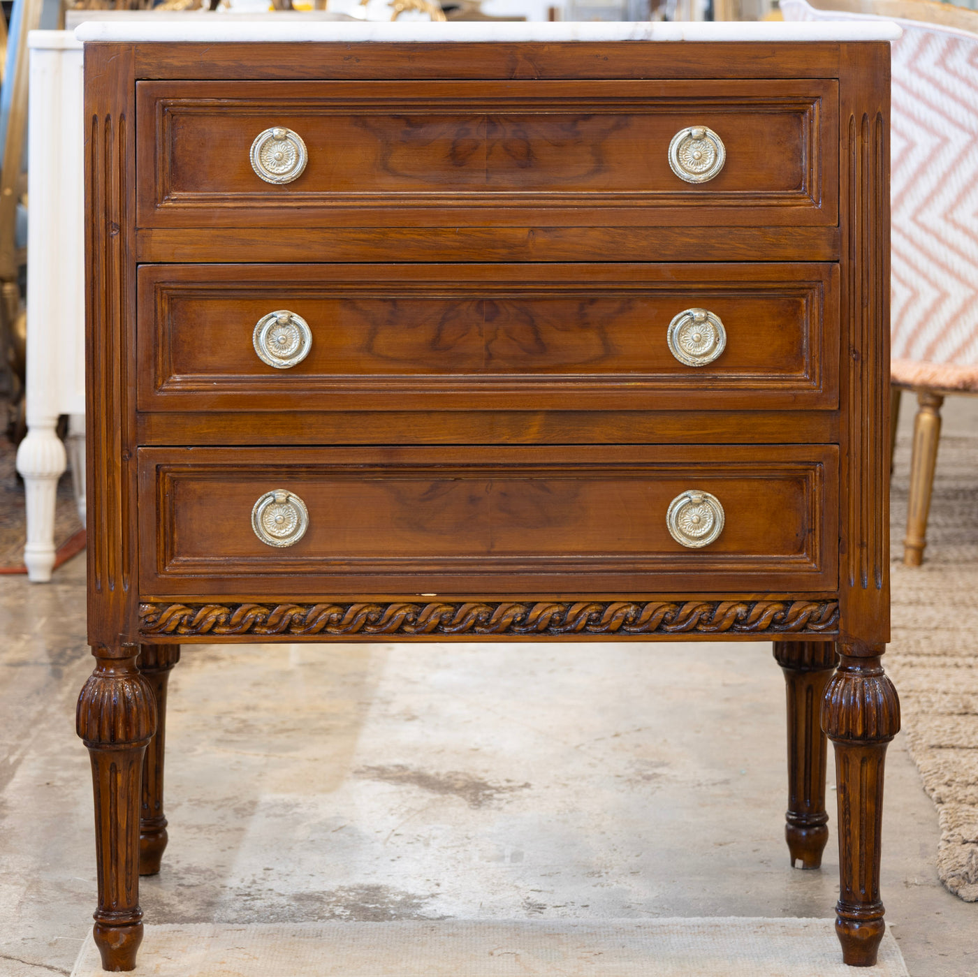 Louis XVI Nightstand – Burl Wood & Marble Top