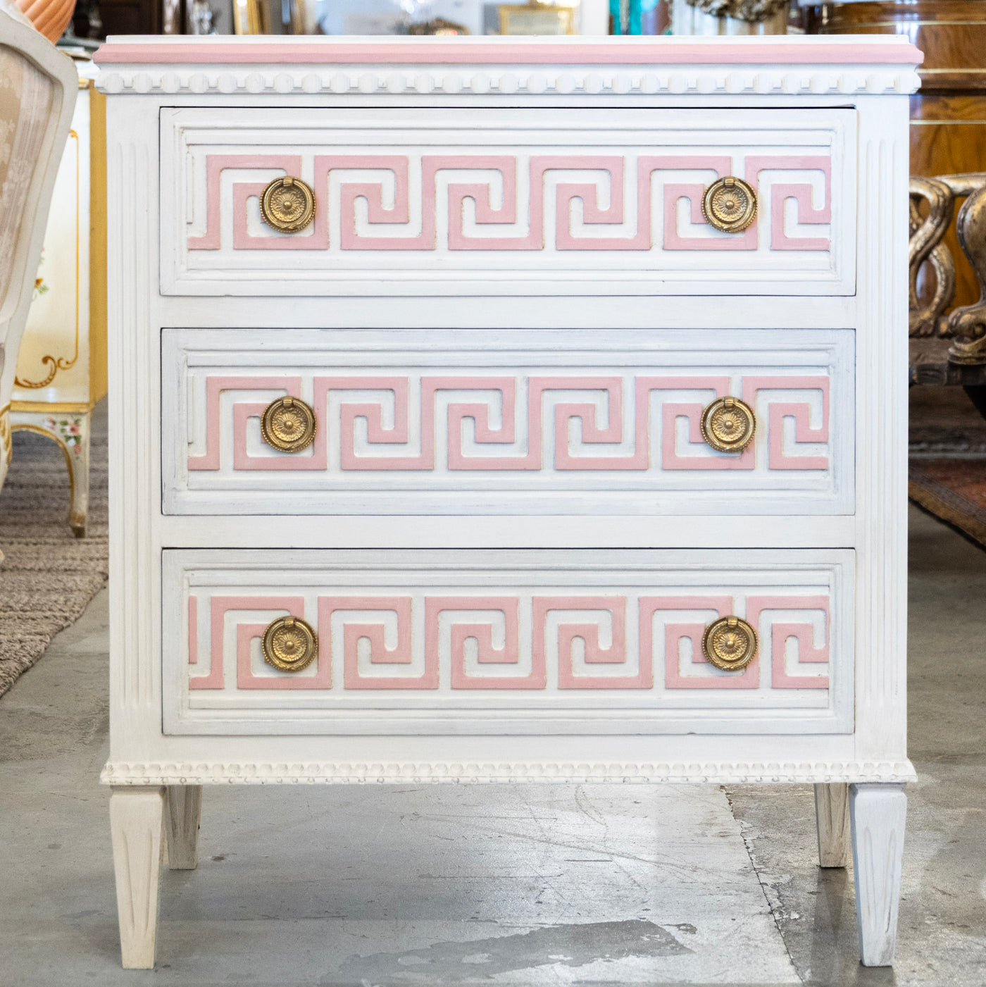 Swedish 3-Drawer Chest – Pink Greek Key Detailing & Beaded Trim in White