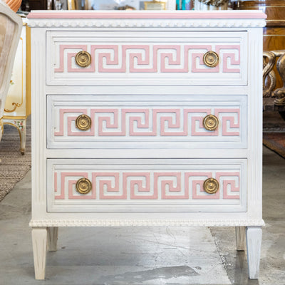 Swedish 3-Drawer Chest – Pink Greek Key Detailing & Beaded Trim in White