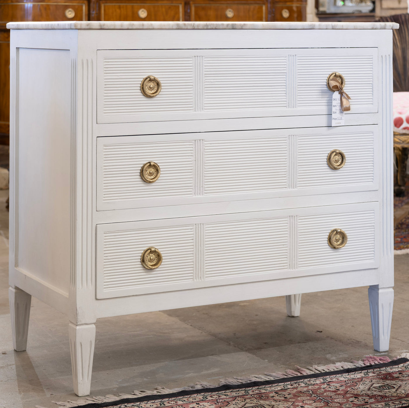 Swedish 3-Drawer Dresser – Reeded Drawers & Marble Top in Dove White