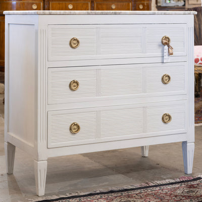 Swedish 3-Drawer Dresser – Reeded Drawers & Marble Top in Dove White