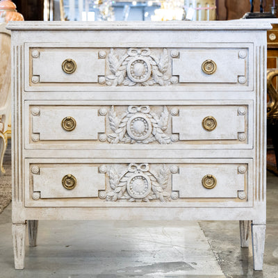 Swedish 3-Drawer Chest – Closed Block Carved Wreath Trim Detailing in Distressed Grey Finish