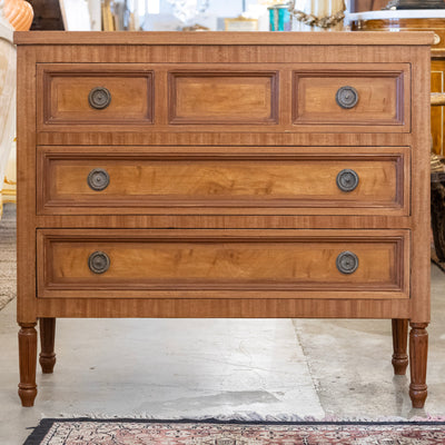 Louis XVI 3-Drawer Dresser – Honey Burl Wood Finish & Large Ring Pulls