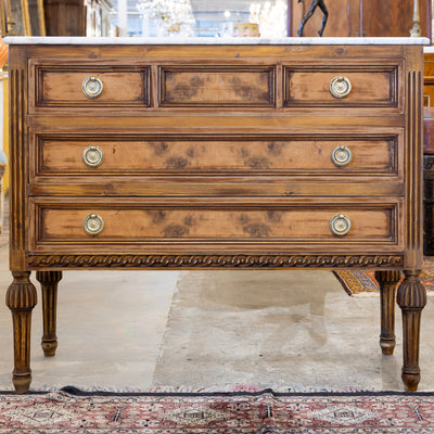 Louis XVI 3-Drawer Dresser – Honey Burl Wood & Marble Top
